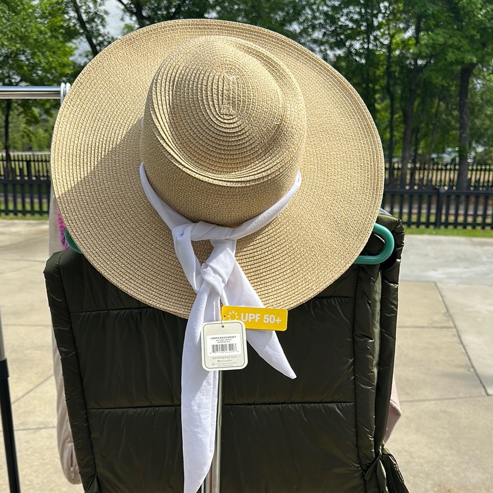 Wide Brim Straw Hat with White Ribbon